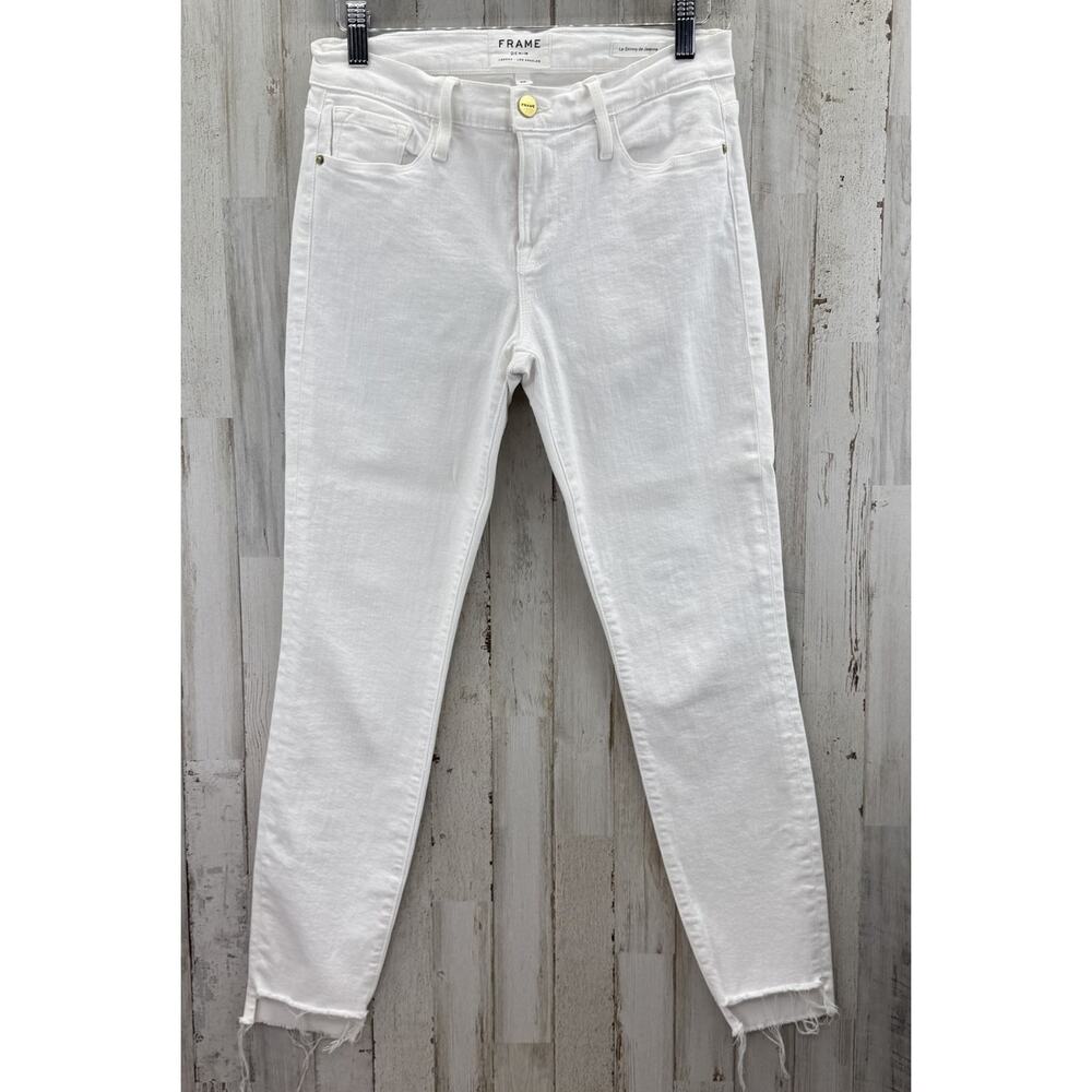 Frame Le Skinny de Jeanne Crop Ankle White Jeans Sz 26 Mid-Rise Raw Hem Stretch